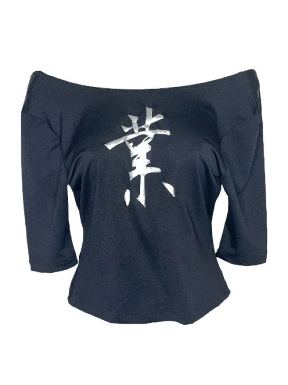 Y2K Metallic Silver Asian Graphic Black Boat Neck Crop Top Moto Punk Vintage